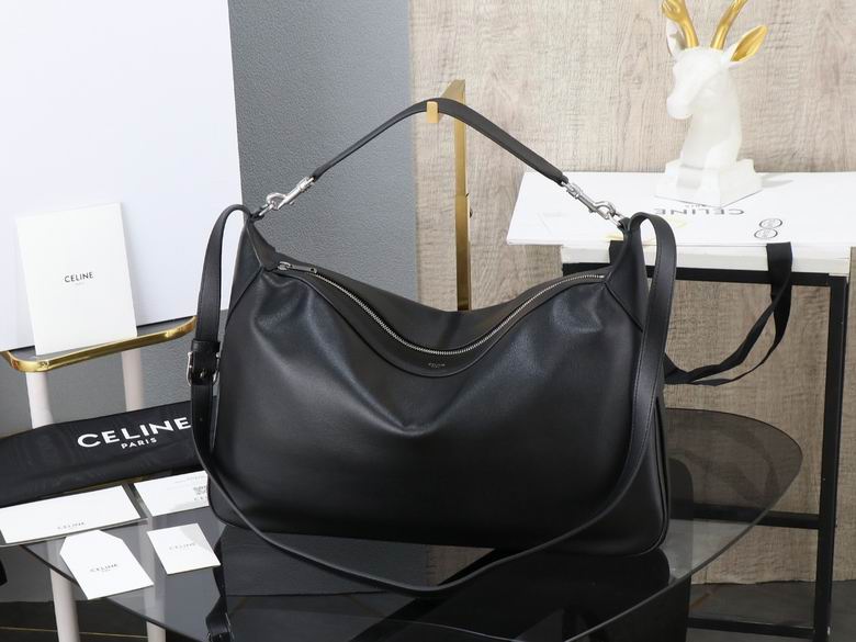 Celine Zip-Top Hobo Shoulder Bag in Black Smooth Leather with Strap