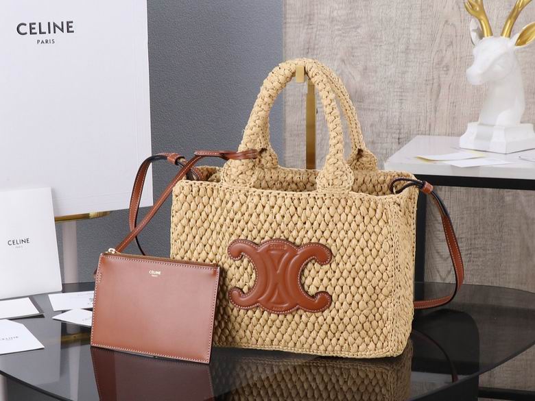 Celine Small Cabas Triomphe Tote in Natural Raffia with Tan Leather Trim