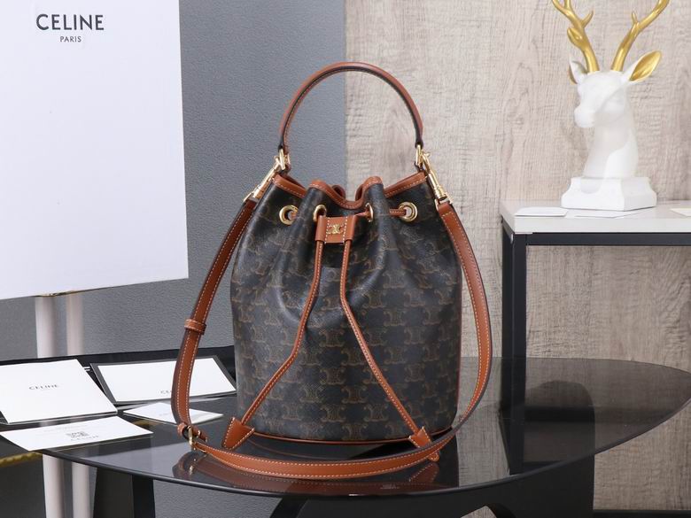 Celine Teen Bucket Bag in Triomphe Canvas with Tan Calfskin Trim