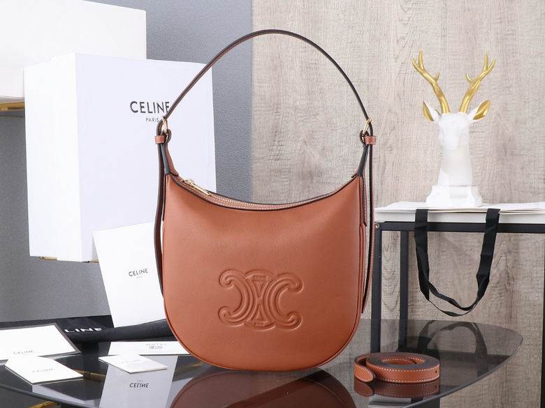 Celine Heloise Triomphe Embossed Shoulder Bag in Tan Smooth Leather
