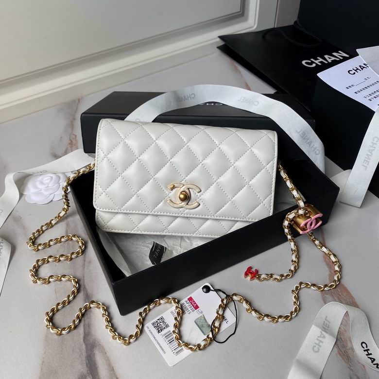 Chanel Wallet on Chain Quilted Flap Bag in White Lambskin with Gold Chain