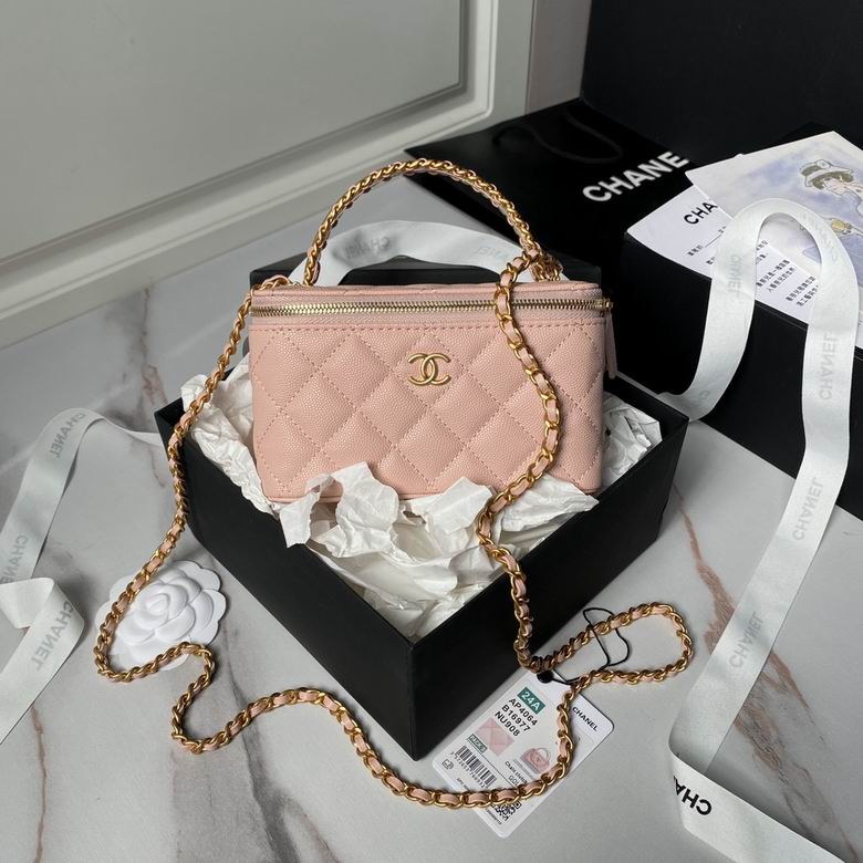 Chanel Small Vanity Case with Top Handle and Chain in Pink Quilted Leather