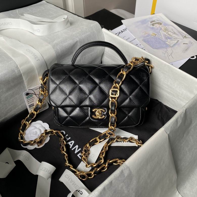 Chanel Mini Top-Handle Flap Bag in Black Quilted Lambskin with Gold Chain