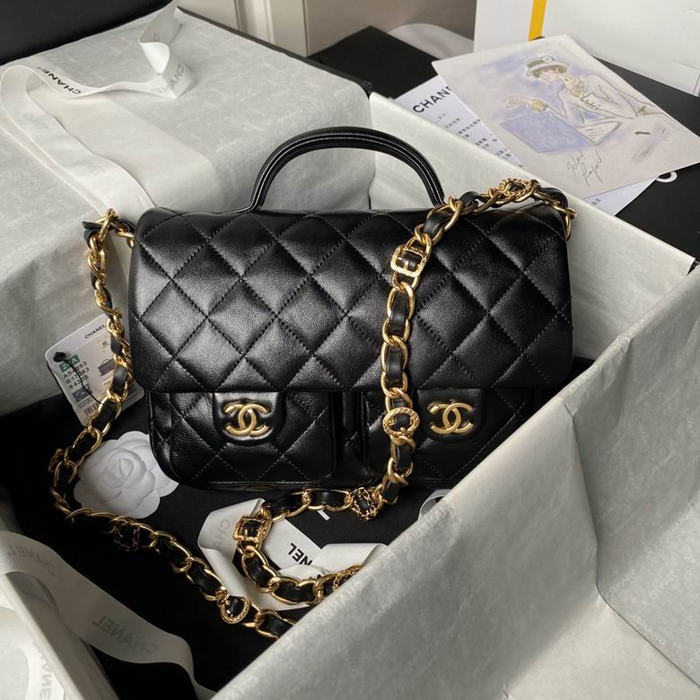 Chanel AS4993 Flap Bag with Top Handle and Front Pockets in Black Quilted Leather