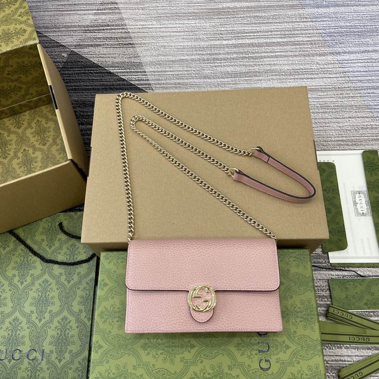 Gucci Interlocking G Wallet on Chain Crossbody in Pink Grained Leather