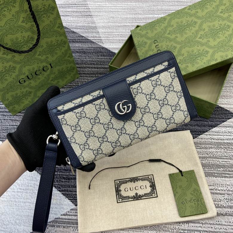 Gucci Ophidia GG Zip-Around Wallet with Wrist Strap in Beige and Blue GG Supreme