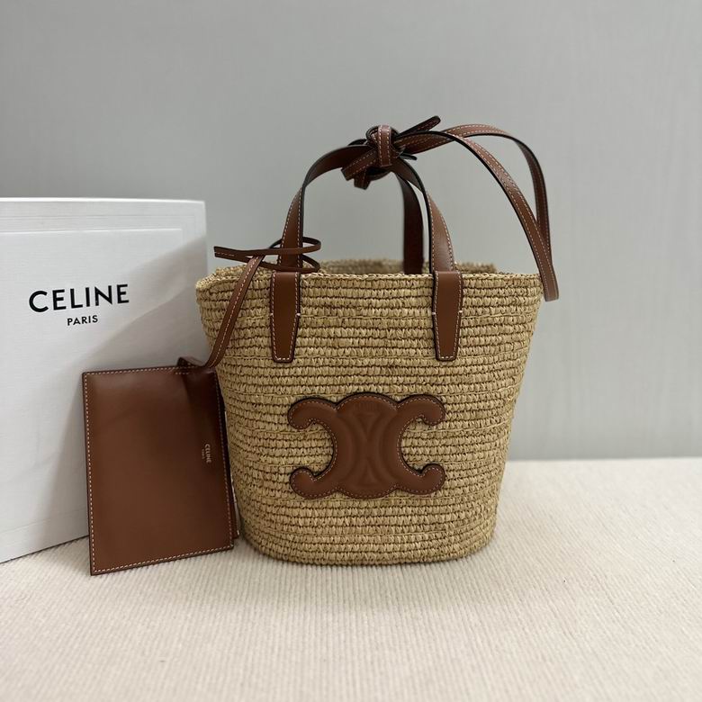 Celine Triomphe Small Basket Tote in Natural Raffia with Tan Leather