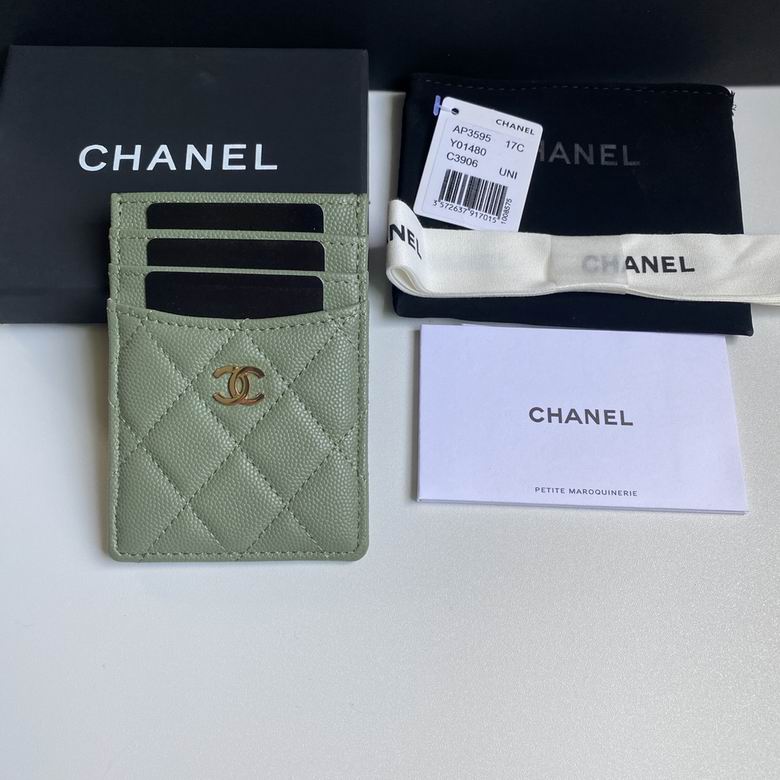 Chanel Classic Flat Card Holder in Sage Green Quilted Grained Leather