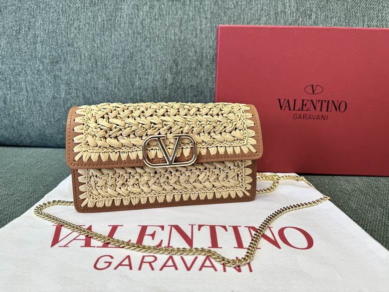 Valentino Garavani VLogo Signature Mini Chain Bag in Raffia Crochet and Tan Leather