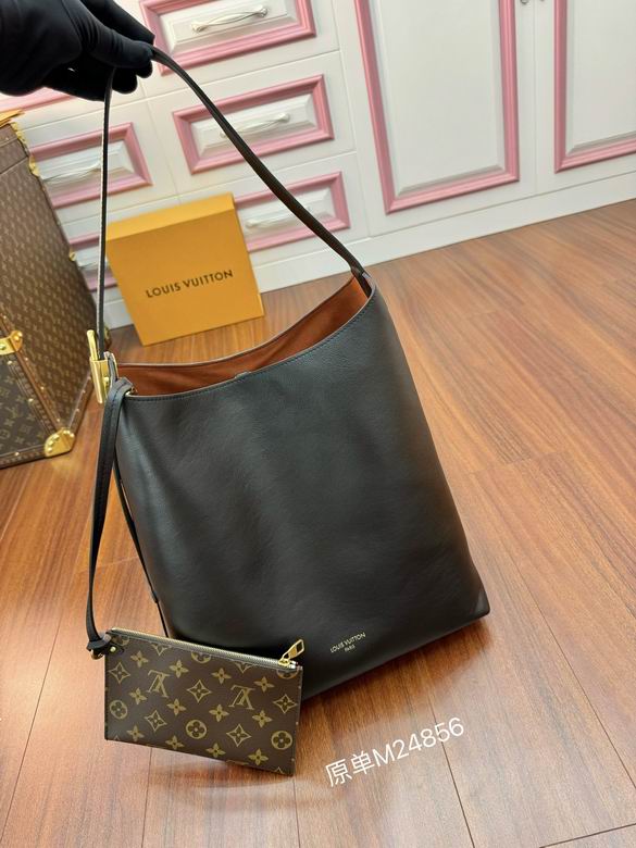 Louis Vuitton M24856 Bucket Shoulder Bag in Black Leather with Monogram Pouch