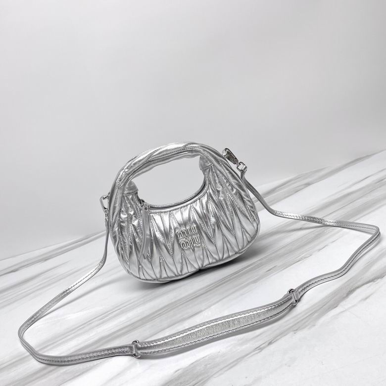 Miu Miu Wander Matelassé Mini Hobo Bag in Metallic Silver Nappa Leather