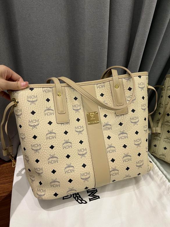 MCM Liz Shopper Tote Bag in Beige Visetos Logo Print with Leather Trim