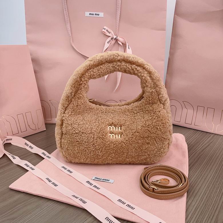 Miu Miu Wander Hobo Bag in Camel Shearling with Shoulder Strap