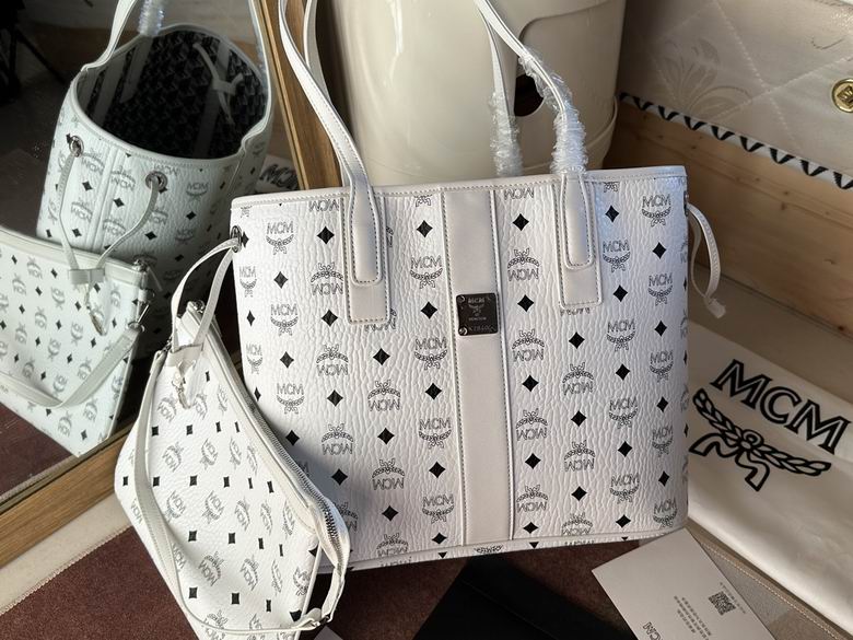 MCM Liz Shopper Tote Bag with Pouch in White Visetos Monogram