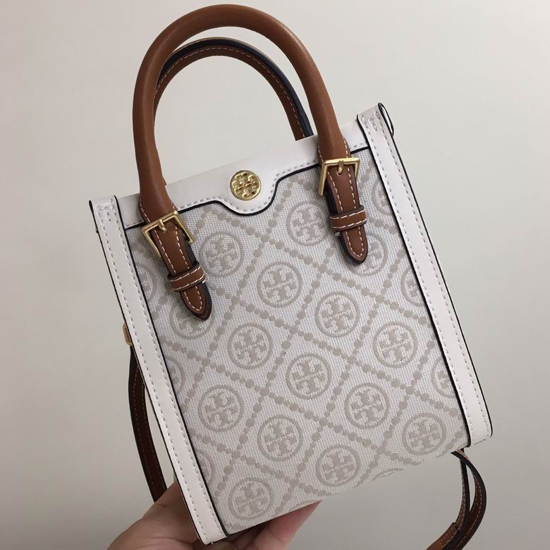 Tory Burch T Monogram Mini Tote Bag in Beige Jacquard with Tan Leather Handles