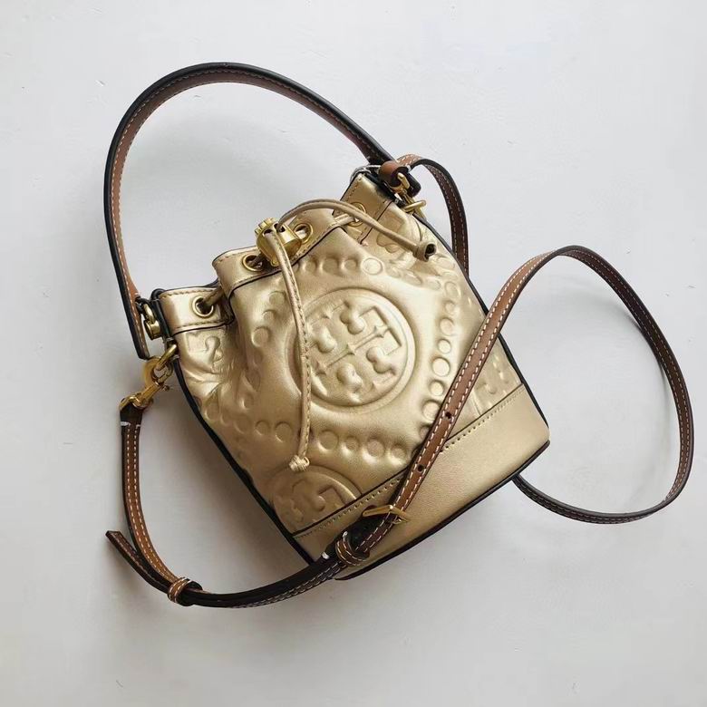 Tory Burch T Monogram Mini Bucket Bag in Gold Embossed Metallic Leather