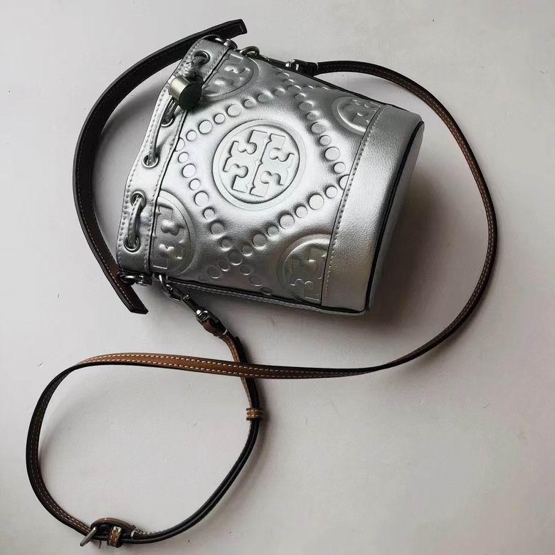 Tory Burch T Monogram Mini Bucket Bag in Silver Embossed Metallic Leather