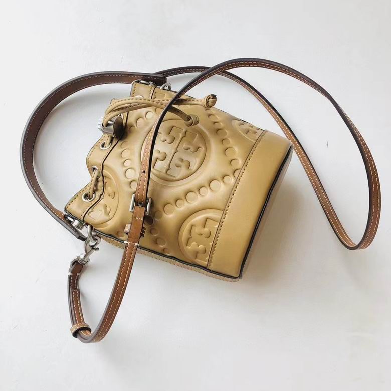 Tory Burch T Monogram Mini Bucket Crossbody Bag in Tan Embossed Leather