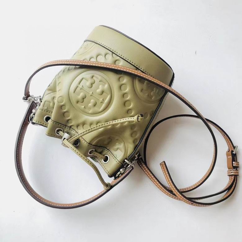 Tory Burch T Monogram Mini Bucket Bag in Olive Green Embossed Leather