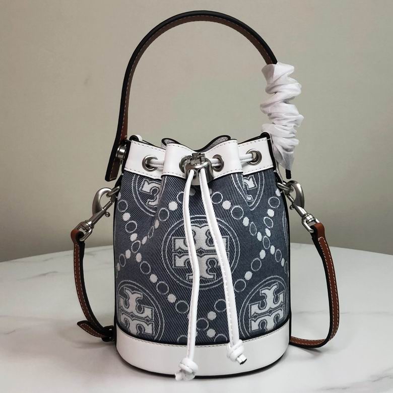 Tory Burch T Monogram Mini Bucket Bag in Blue Denim Jacquard with White Trim