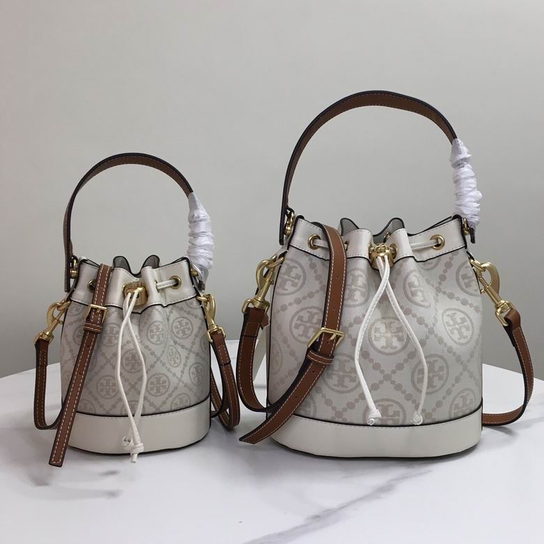 Tory Burch T Monogram Drawstring Bucket Bag in Cream Jacquard with Brown Trim