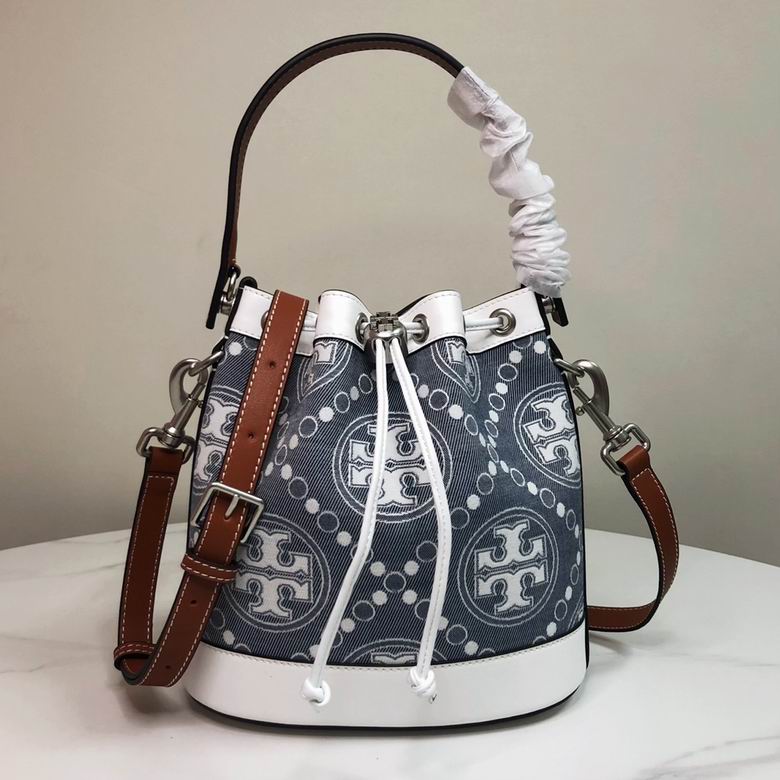 Tory Burch T Monogram Bucket Bag in Blue Denim Jacquard with White Leather