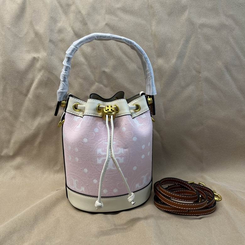 Tory Burch Mini Drawstring Bucket Bag in Pink Logo Jacquard with Cream Trim