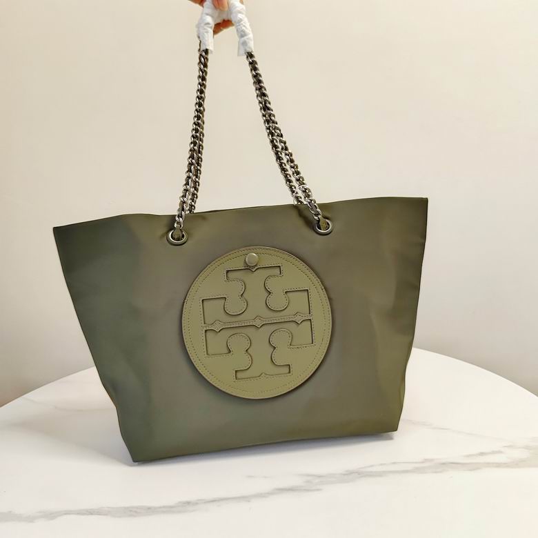 Tory Burch Ella Chain Tote Bag in Olive Green Nylon with Logo Patch