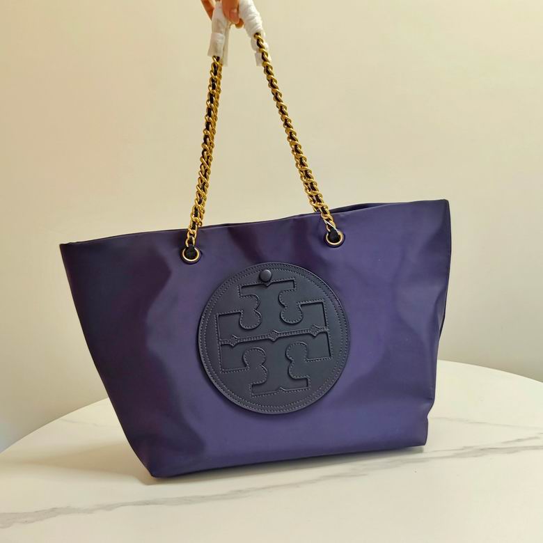 Tory Burch Ella Chain Tote Bag in Navy Blue Nylon with Logo Patch