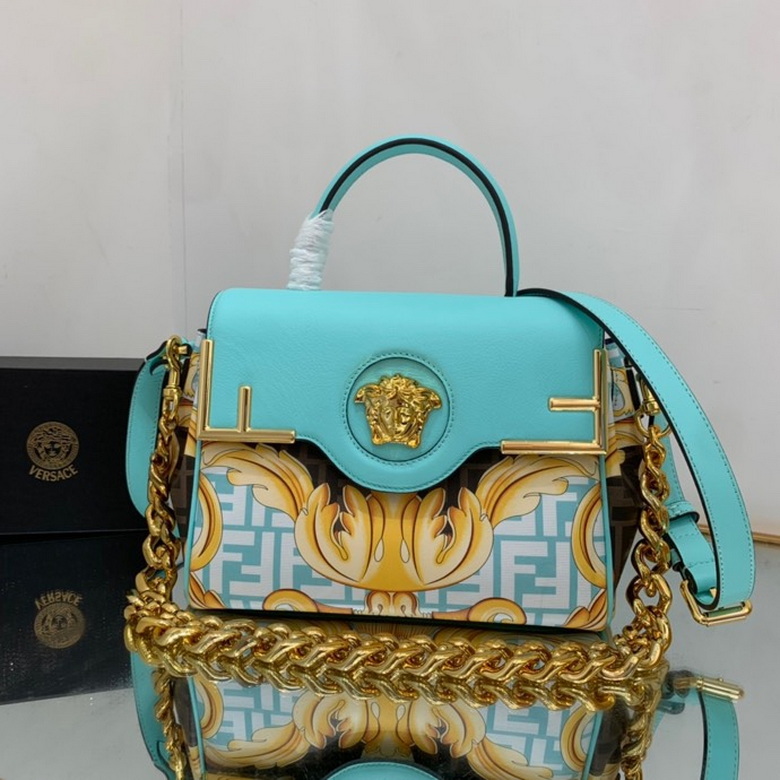 Versace La Medusa Medium Top-Handle Bag in Turquoise Leather with Baroque Print
