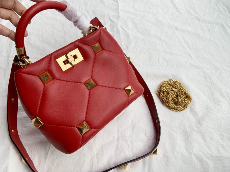 Valentino Garavani Roman Stud Small Top-Handle Bucket Bag in Red Nappa Leather