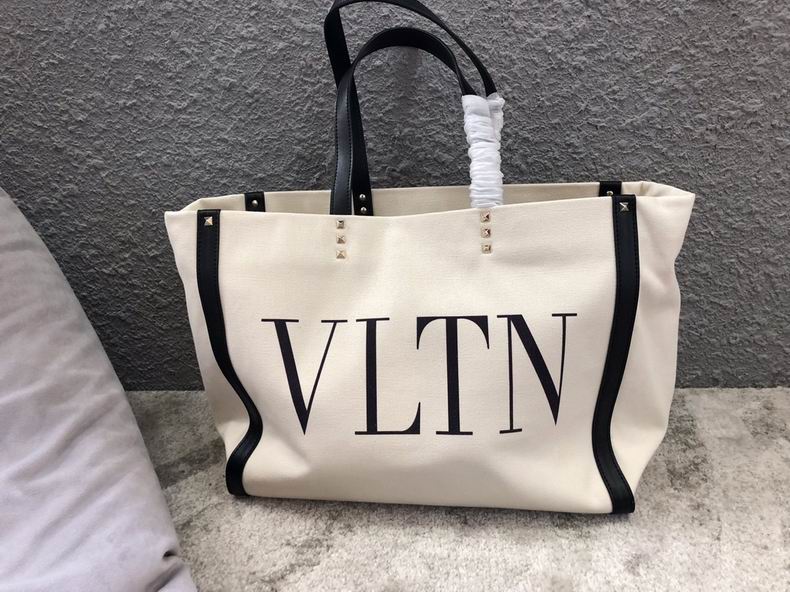 Valentino VLTN Large Tote Bag in Natural Canvas with Black Leather Trim