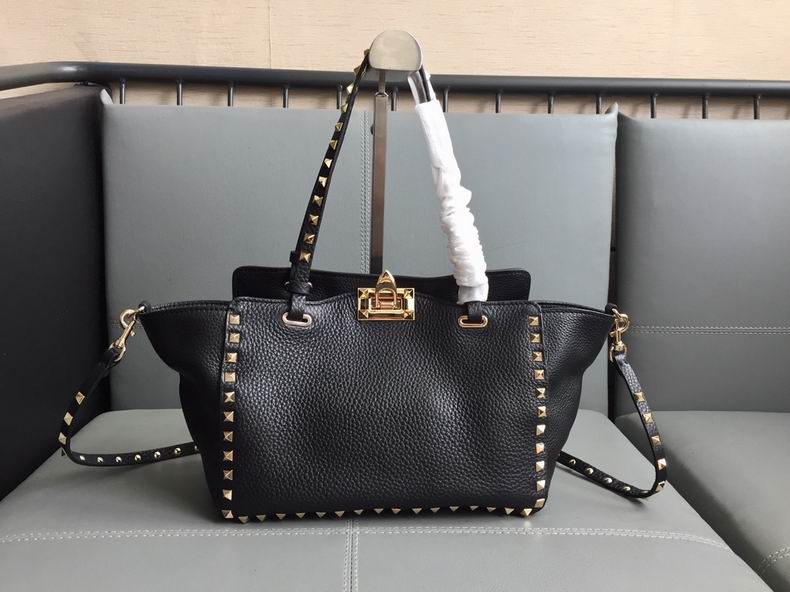 Valentino Rockstud Small Tote Bag in Black Grained Leather with Gold Studs