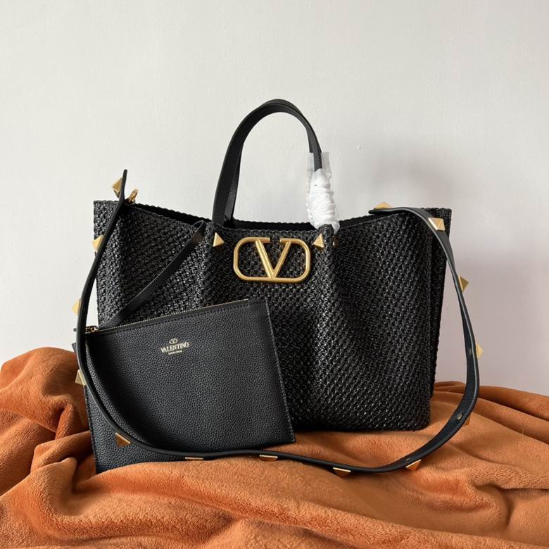Valentino VLogo Signature Woven Tote Bag with Studded Strap in Black