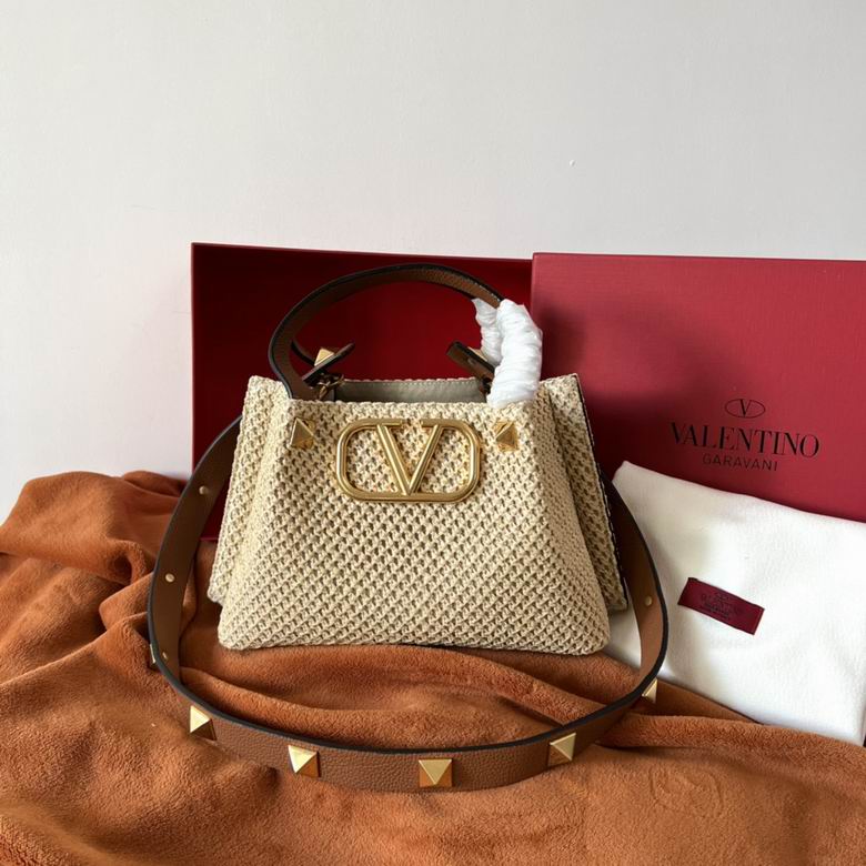Valentino Garavani VLogo Small Tote Bag in Natural Woven Raffia with Tan Leather