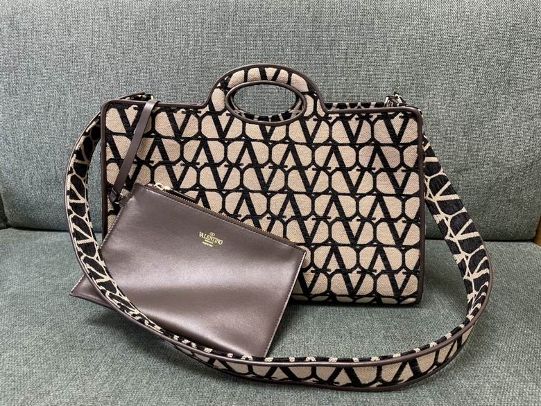 Valentino Toile Iconographe Tote Bag with Cut-Out Handle and Pouch in Beige/Black