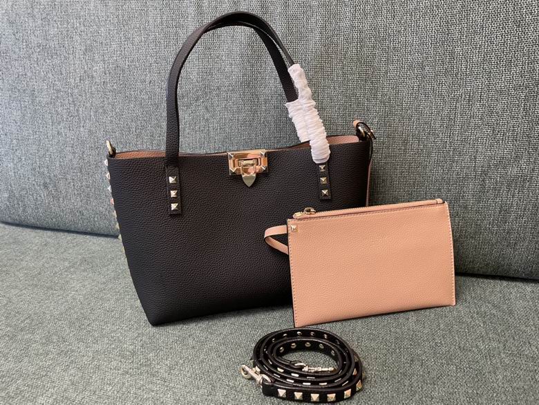 Valentino Rockstud Tote Bag with Pouch and Studded Strap in Black Grained Leather