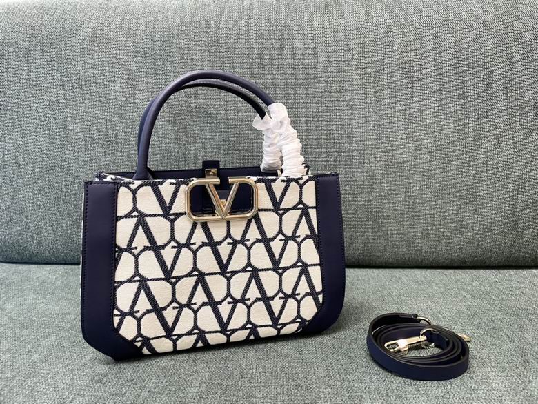 Valentino Toile Iconographe Small Tote Bag in Navy and Ivory with Gold V Logo