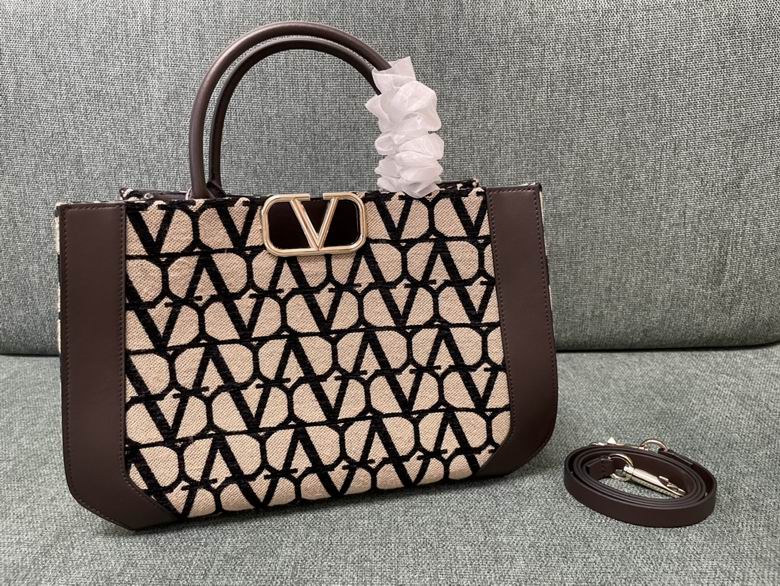 Valentino Toile Iconographe Tote Bag in Beige and Black with Brown Leather