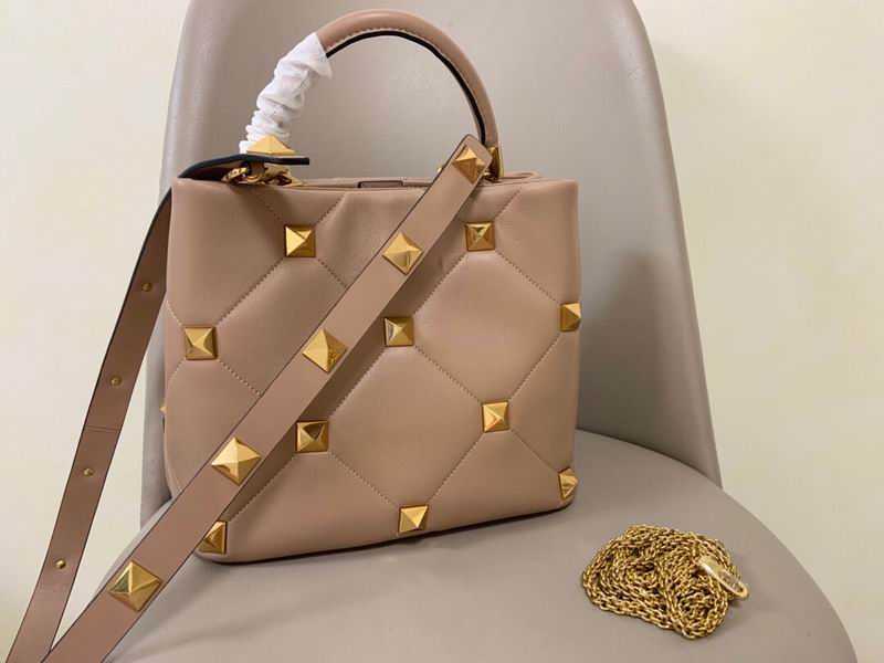 Valentino Roman Stud Quilted Top-Handle Bag in Nude Leather with Gold Studs