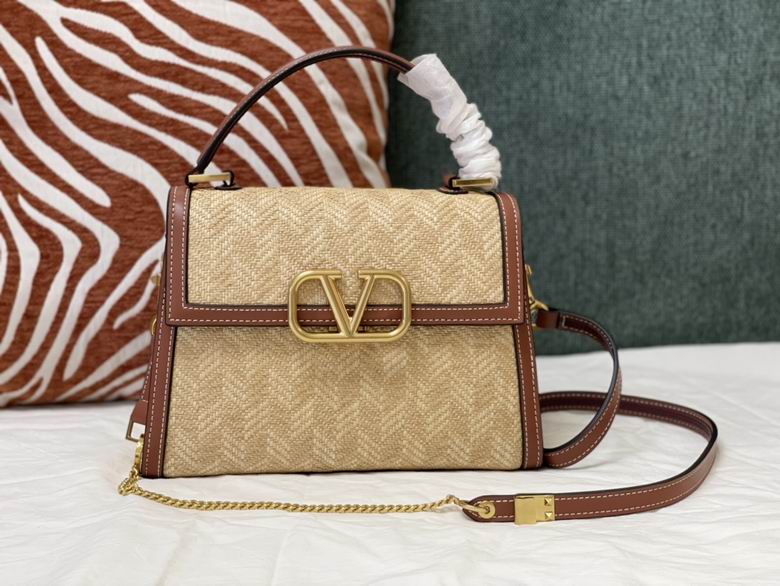 Valentino VSling Top-Handle Bag in Natural Raffia with Tan Leather Trim