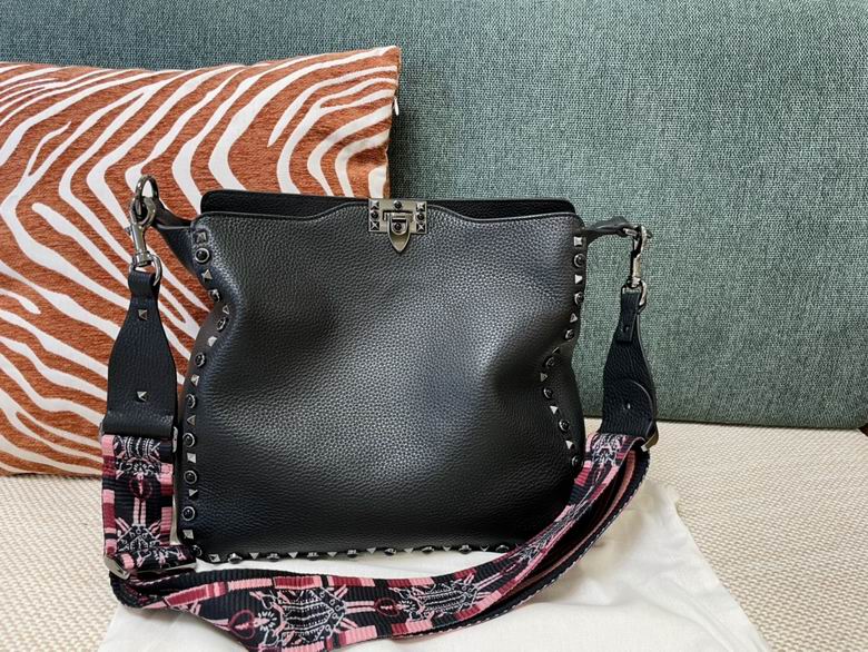 Valentino Rockstud Untitled Shoulder Bag in Black Grained Leather with Strap