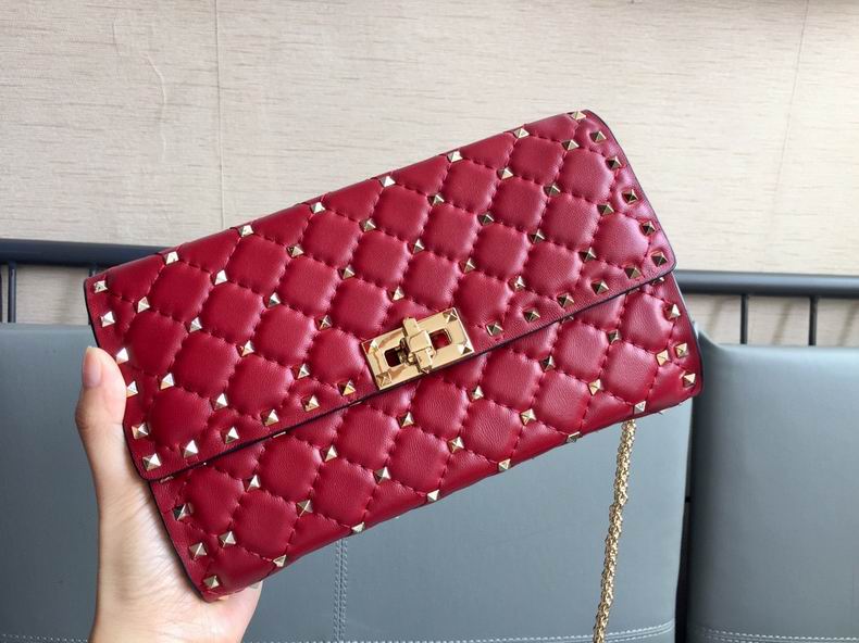 Valentino Rockstud Spike Quilted Chain Shoulder Bag in Red Leather