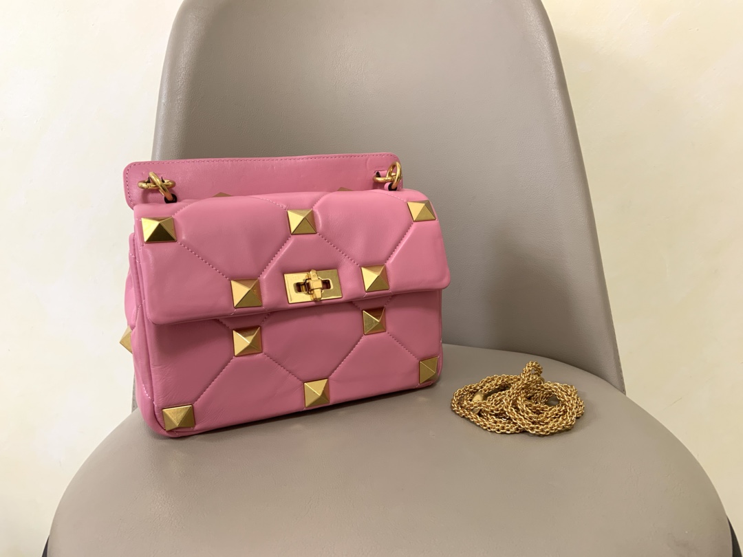 Valentino Roman Stud Large Quilted Shoulder Bag in Pink Nappa Leather