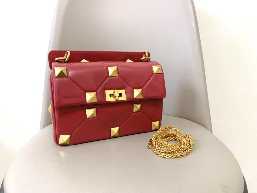 Valentino Roman Stud Shoulder Bag in Red Quilted Nappa Leather with Gold Studs