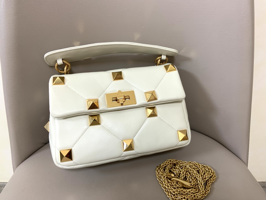 Valentino Roman Stud Top-Handle Shoulder Bag in White Quilted Nappa Leather