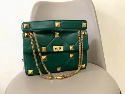 Valentino Roman Stud Large Chain Shoulder Bag in Green Quilted Nappa Leather