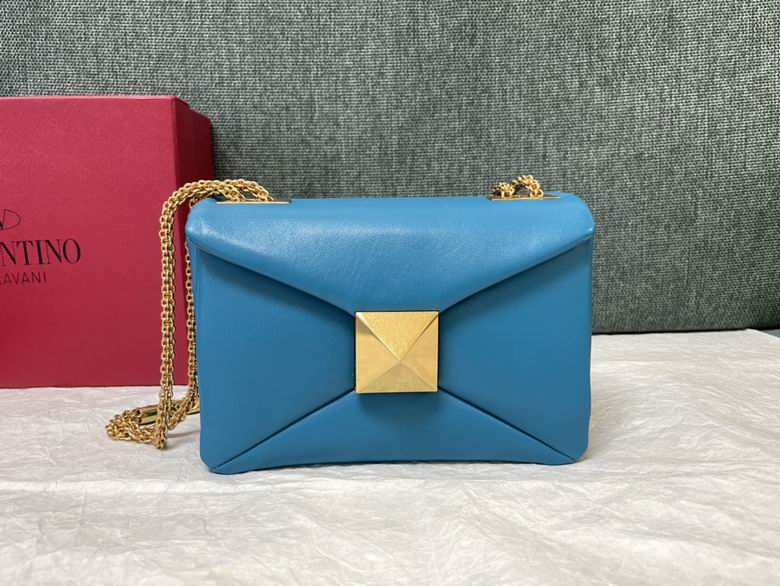 Valentino Garavani One Stud Small Nappa Shoulder Bag in Blue with Gold Chain