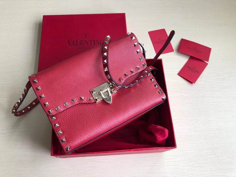 Valentino Rockstud Small Flap Shoulder Bag in Red Grained Leather