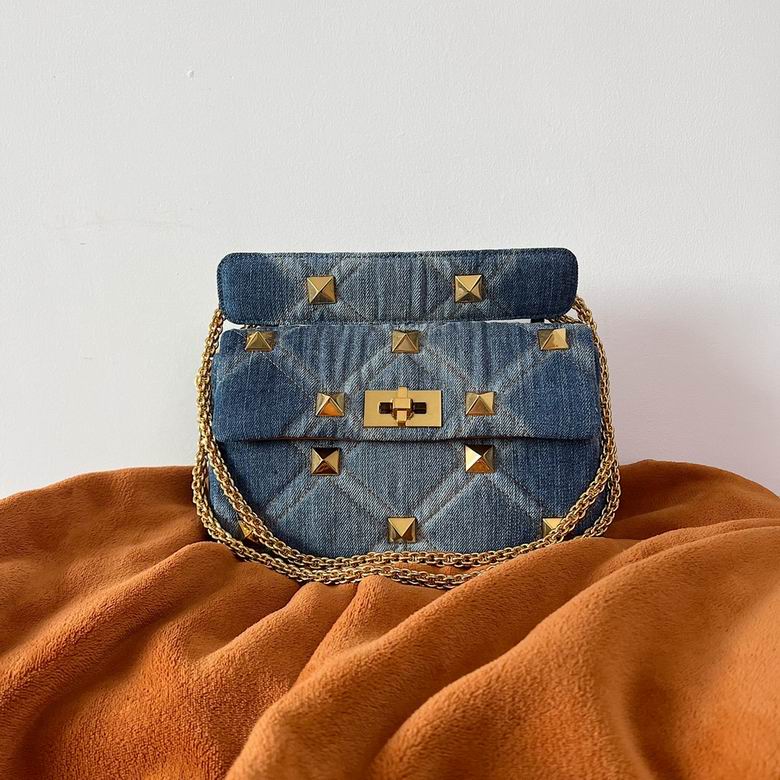 Valentino Roman Stud Medium Shoulder Bag in Blue Quilted Denim